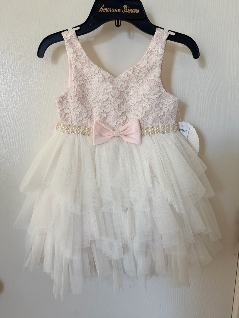 American Princess Blush Pink Lace Bodice with Ivory Tulle Flower Girl Dress
